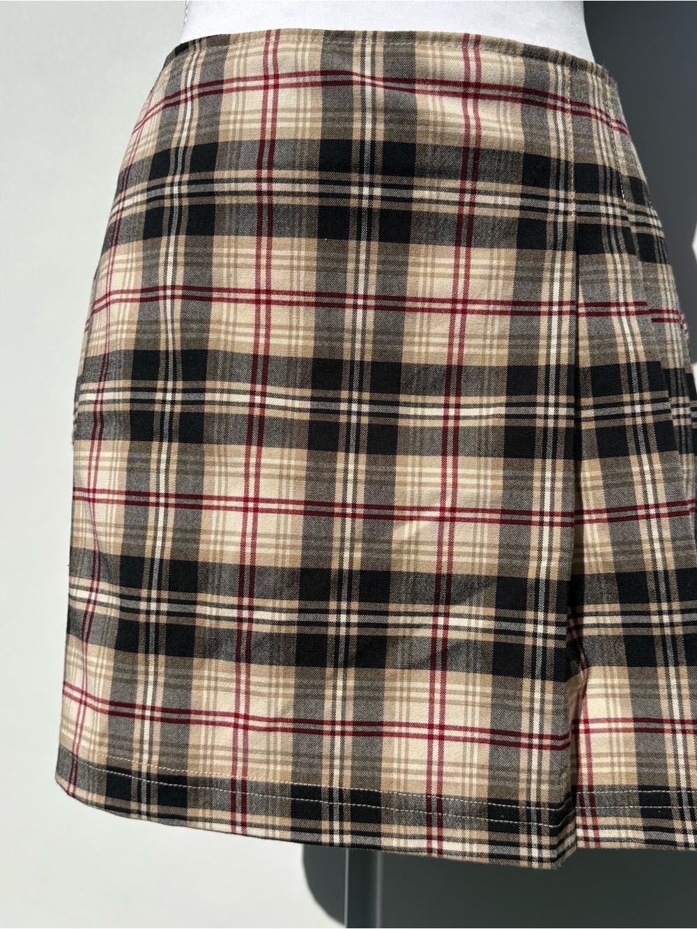 Vintage Wet Seal Beige, Black & Red Plaid Mini Skirt